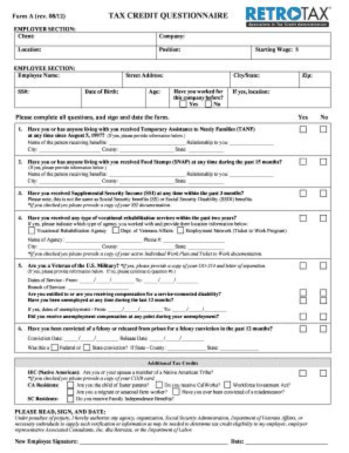 What is a tax credit screening questionnaire?